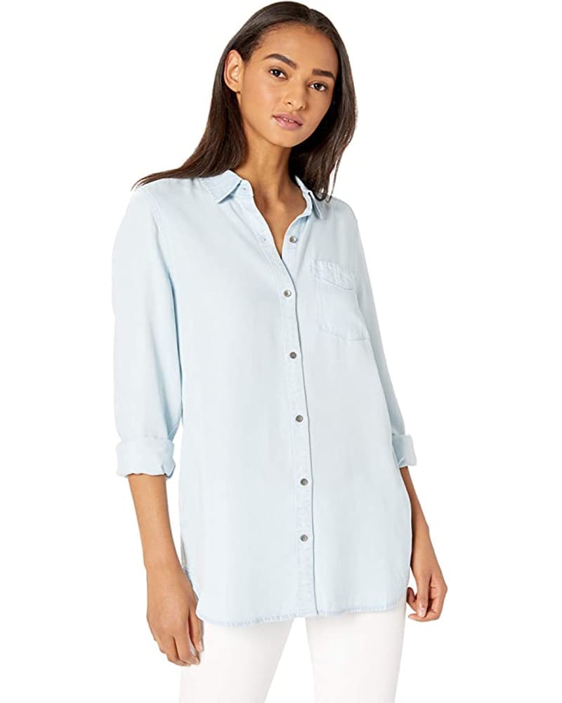 Tencel Long Sleeve Button-Up Tunic Shirt | Comfy Work From Home Wardrobe Essentials | The Basic Housewife