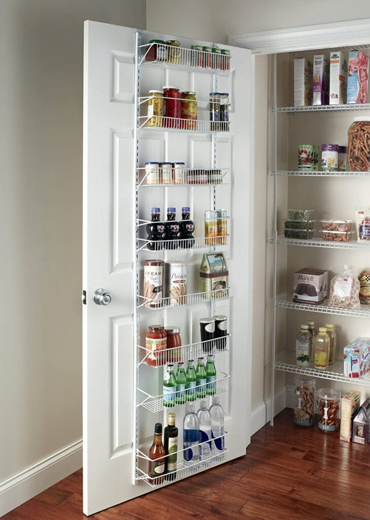 Over the door rack organizer for kitchen or pantry storage.