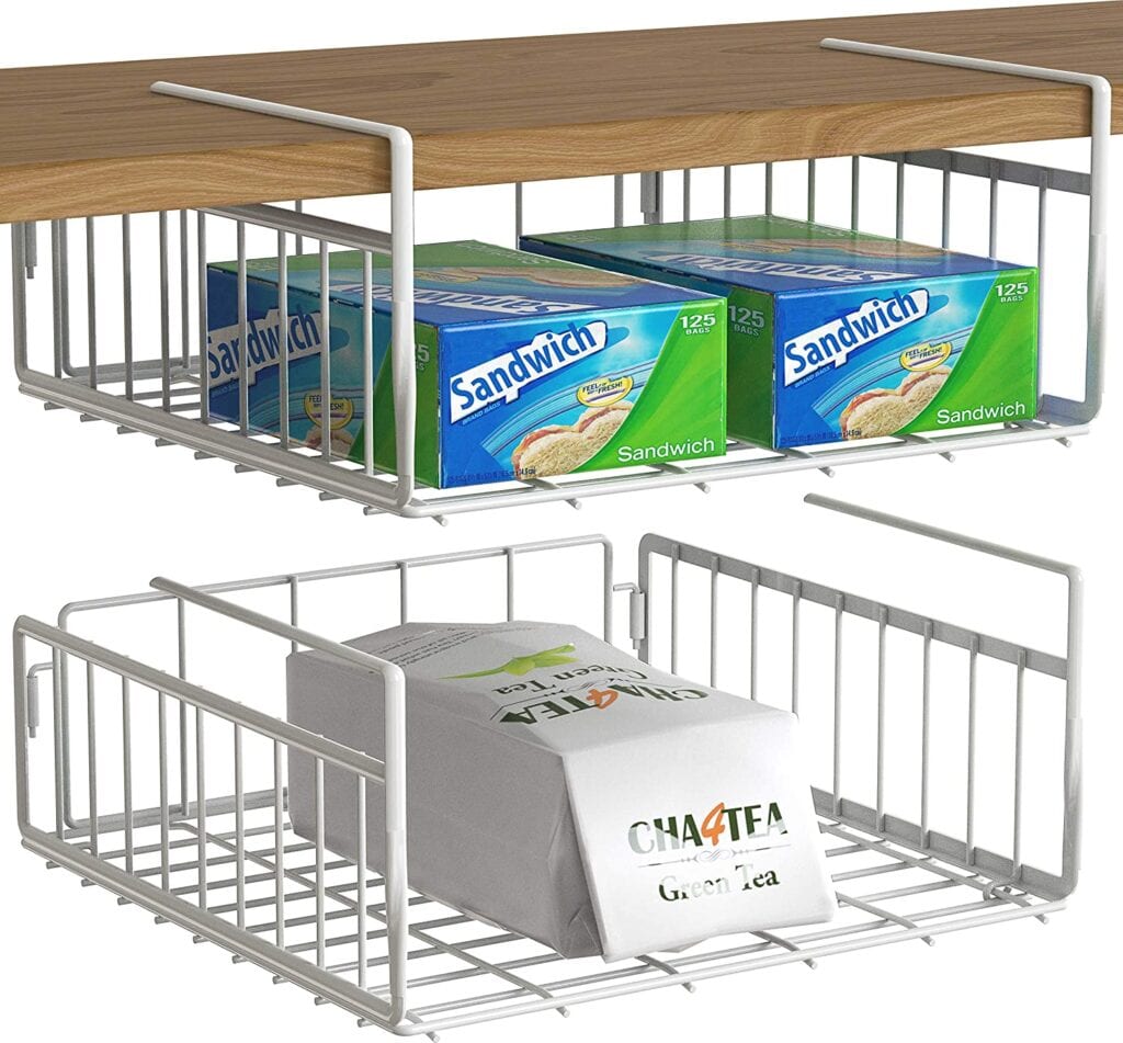 Under shelf baskets for pantry organization.