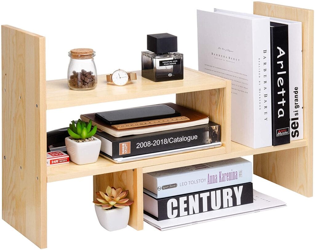 Cloffice Decor Ideas: A tabletop shelf is the perfect desk accessory for a closet office