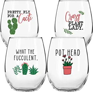 Succulent-Themed Wine Glass Set | 25 Unique Gifts for Plant Lovers | BasicHousewife